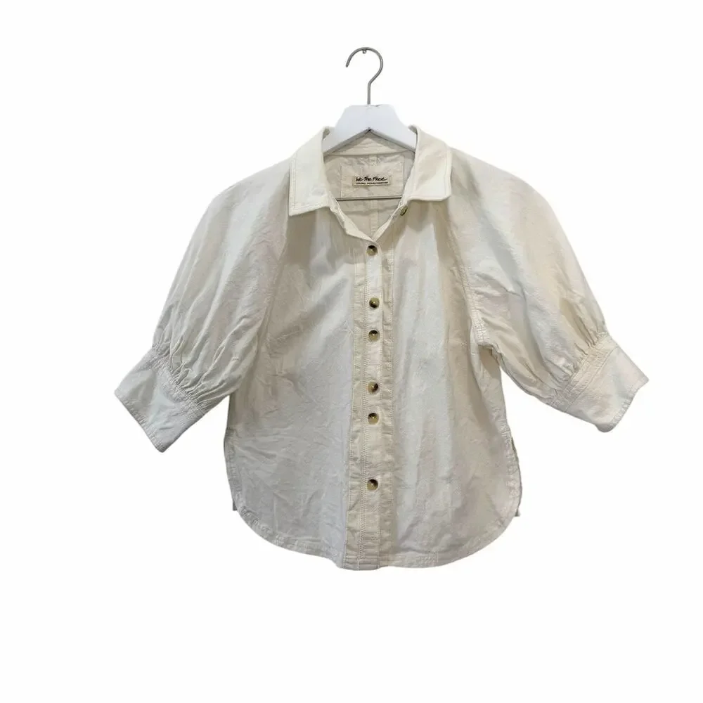 Free People White Puff Sleeve Button Front Cotton Blouse Top  Size X-Small